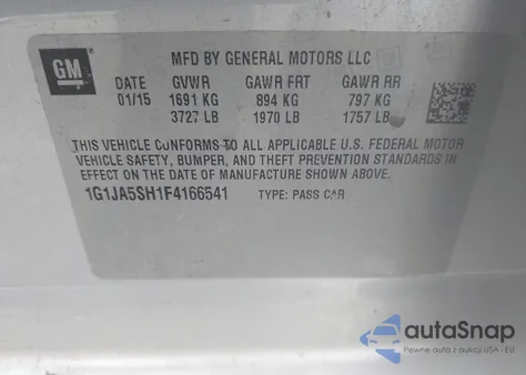 2015 Chevrolet Sonic Ls Auto из США, поврежденный, VIN 1G1JA5SH1F4166541